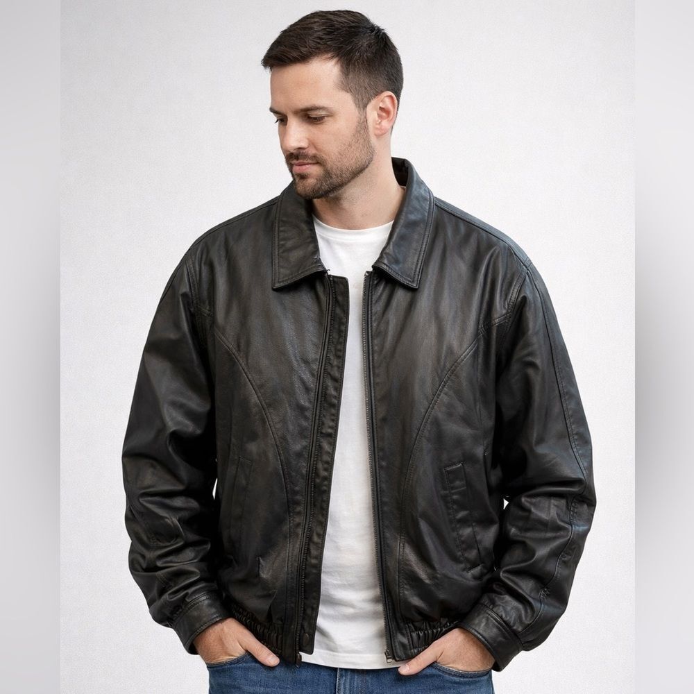 Vintage Black Leather Bomber Jacket Men’s XXL Faux Fur Lined Heavy Coat